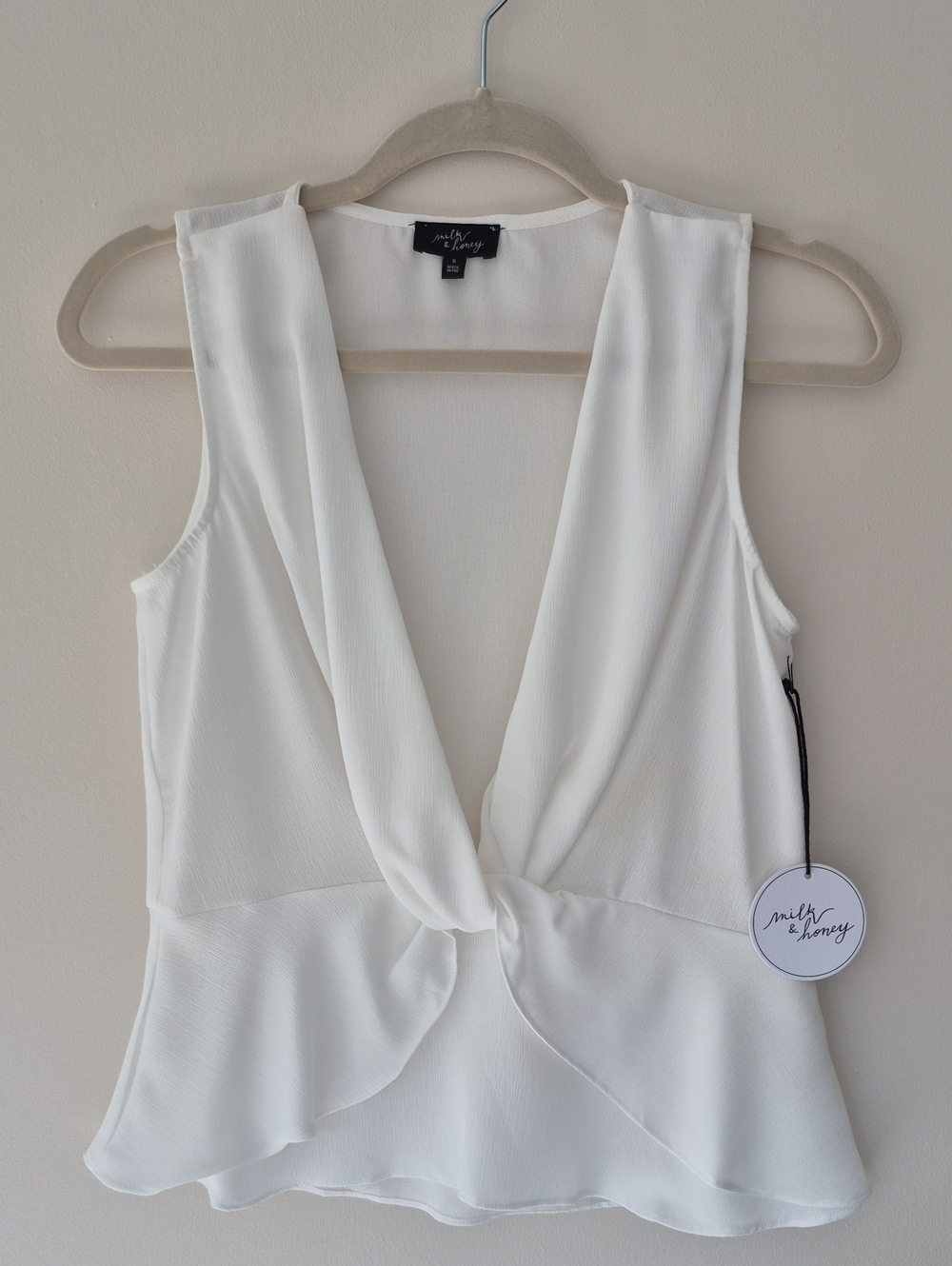 Milk & Honey White Twist-Front Peplum Top